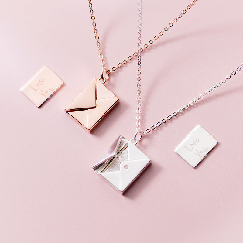 Customize 6 Letters Available Laser Engraving 925 Sterling Silver Pendant Necklace Women Envelope Lover Letter Pendant Best Gifts for Girlfriend