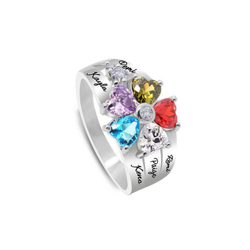 Personalized And Engraved Heart Assortment Birthstones Silver Ring