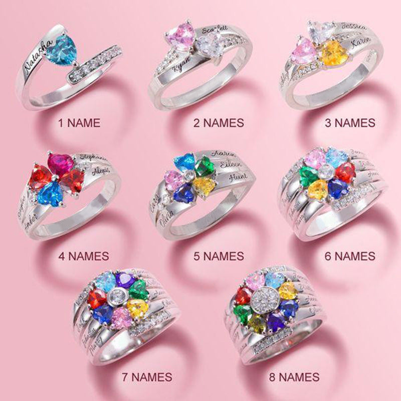 Personalized And Engraved Heart Assortment Birthstones Silver Ring