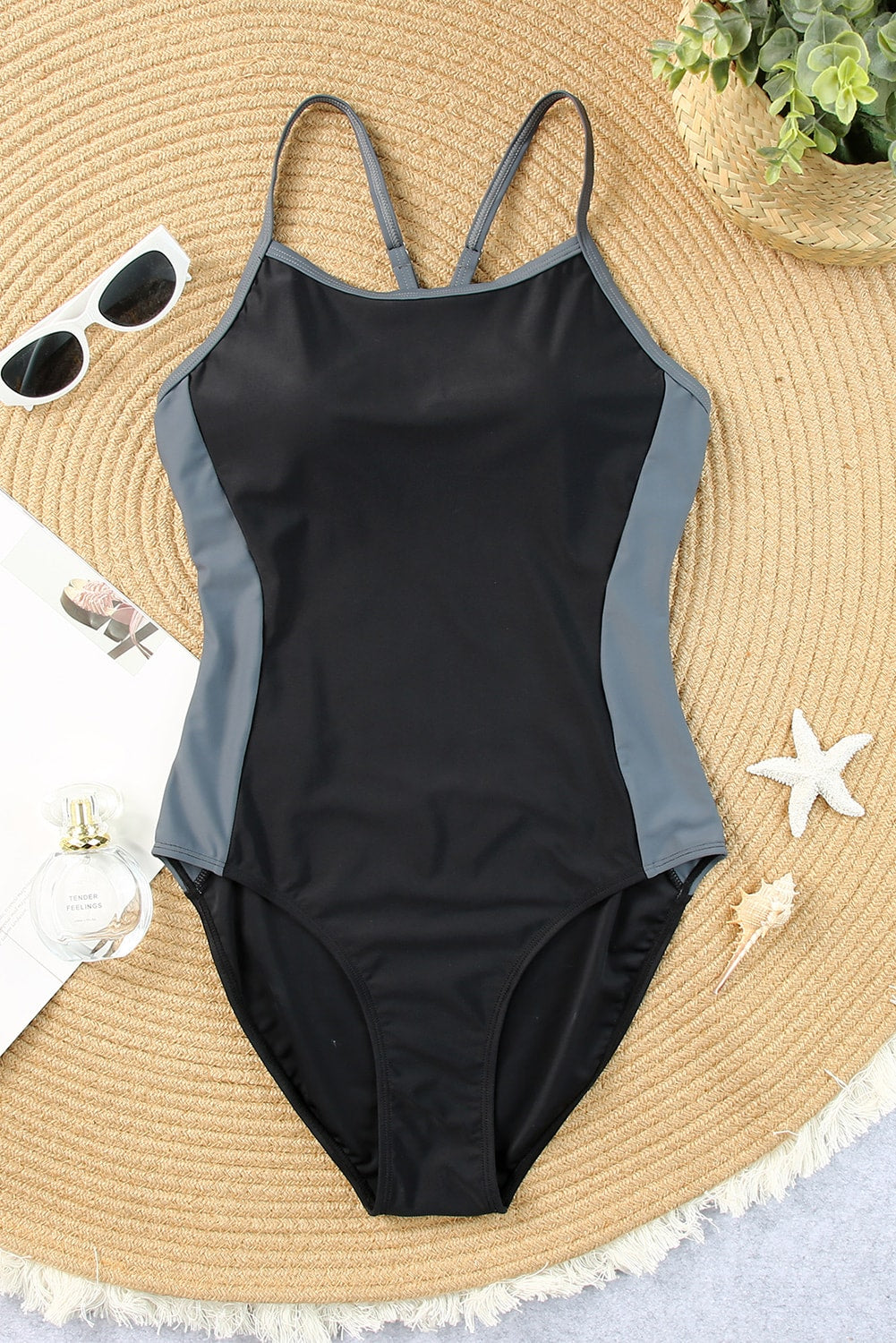 Black Spaghetti Strap Cutout Back Sporty One Piece Swimsuit