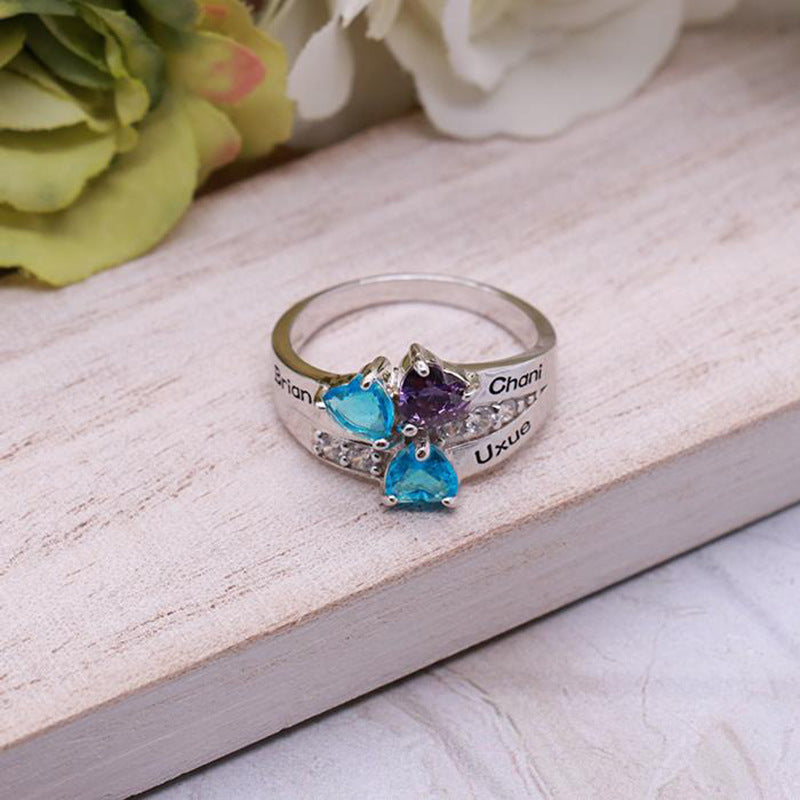 Personalized And Engraved Heart Assortment Birthstones Silver Ring