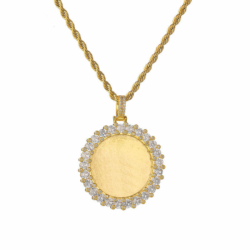 Hip Hop Diamond Round Photo Frame Couple Memorial Photo Pendant Necklace