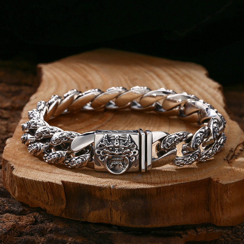 925 Sterling Silver Faucet Bracelet Money Drawing Pi Xiu Men's Thick Type Thai Silver Vintage Distressed Trendy Unique Ornament