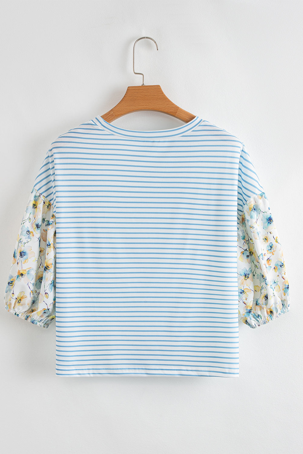Sky Blue Stripe 3/4 Floral Puff Sleeve Patchwork Drop Shoulder Top