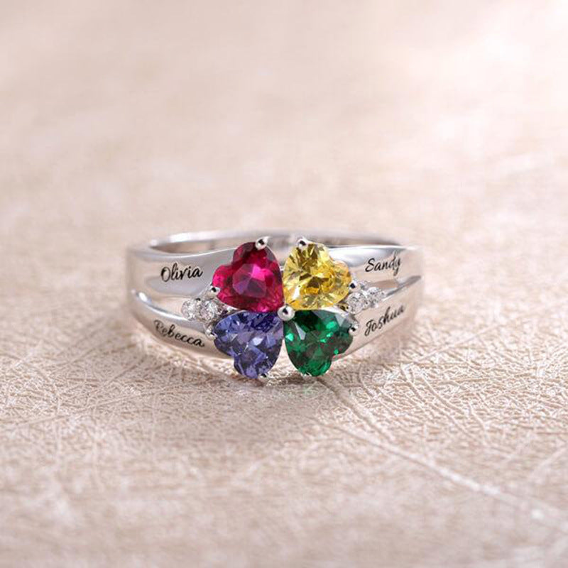 Personalized And Engraved Heart Assortment Birthstones Silver Ring
